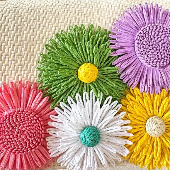 Haute Hippie Straw Bag w/ Colorful Floral Decoration & Bamboo Handle - Picture 4 of 9